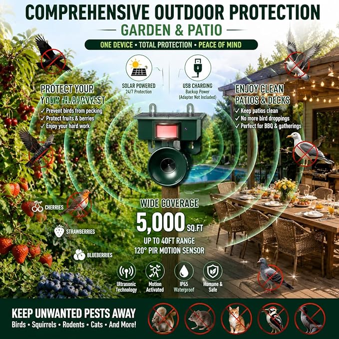2026 Solar Ultrasonic Bird Repellent Devices Outdoor,Best Bird Deterrent for Pool,Pigeon Repellent for Balcony,Keep Crows Sparrows Starlings Out of Fruit Trees,Swimming Pool,Patio,Roof