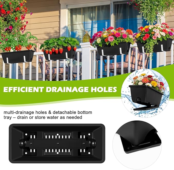OYEAL 6 Pack Railing Planter Boxes with Adjustable Brackets Outdoor Hanging Window Boxes Planters Deck Railing Planter Boxes with Drainage Holes for Fence, Garden, Balcony, Patio, Black & White