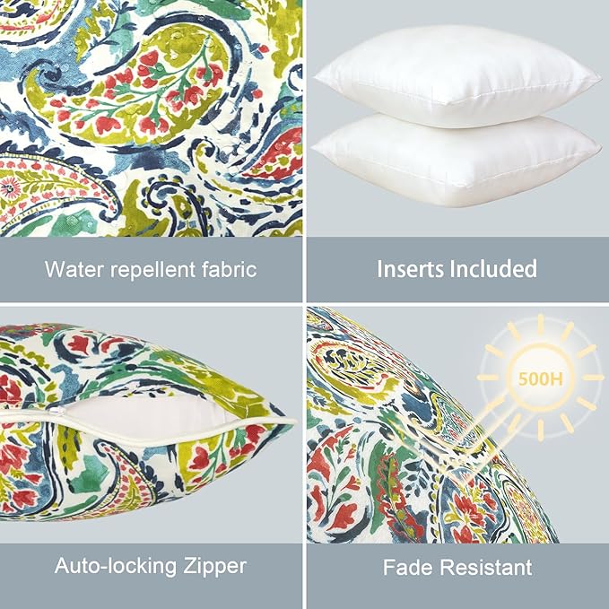 LVTXIII Outdoor Throw Pillows 18x18 Patio Waterproof Square Pillows with Piping Fade Resistant Accent Pillow for Spring Summer Garden Decoration, Set of 2, Paradise Paisley