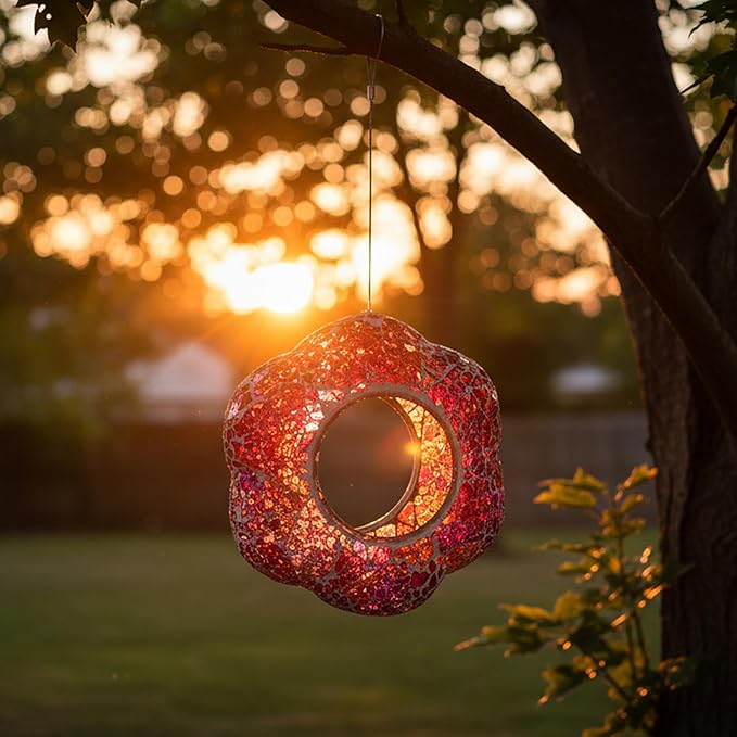 Sunnydaze 10-Inch Glass Mosaic Hanging Bird Feeder for Outdoors - Fly-Through Glass Bird Feeder for Cardinals, Jays, Finches and More - Pearl Pink Flower