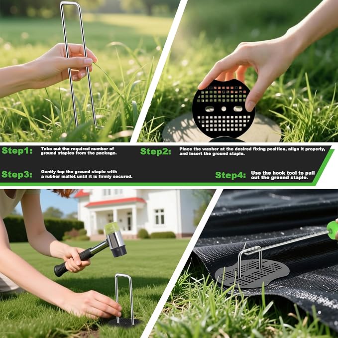 6 Inch Landscape Staples Set, 11 Gauge Galvanized U-Shaped Garden Stakes (50 Pack) with 50 Gaskets, Hook Tool & Rubber Mallet for Weed Fabric & Landscaping