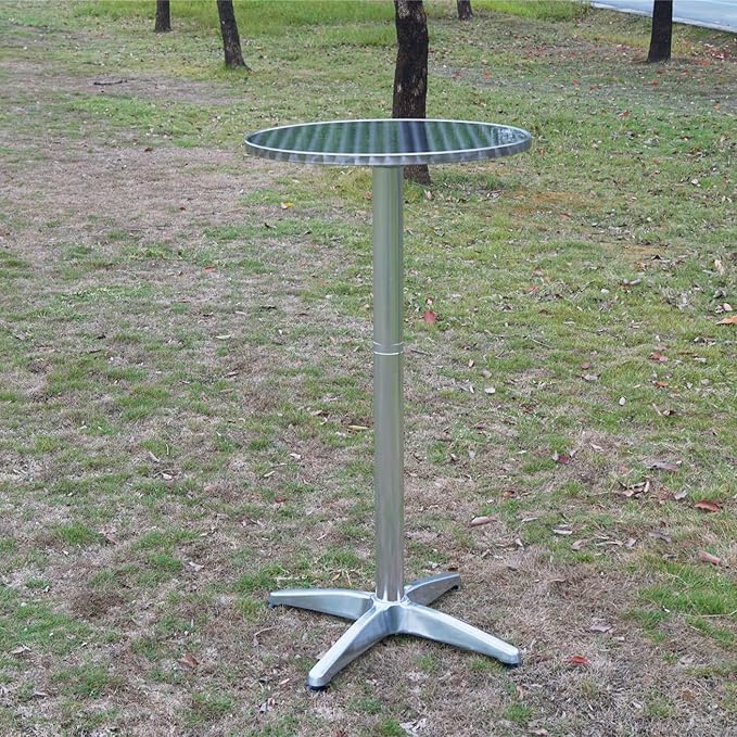 BTEXPERT Set of 2, Aluminum Indoor Outdoor 23.75" Round Restaurant Bar Height 45" Table flip top, Patio Stainless Steel Silver Furniture 25.75" Base