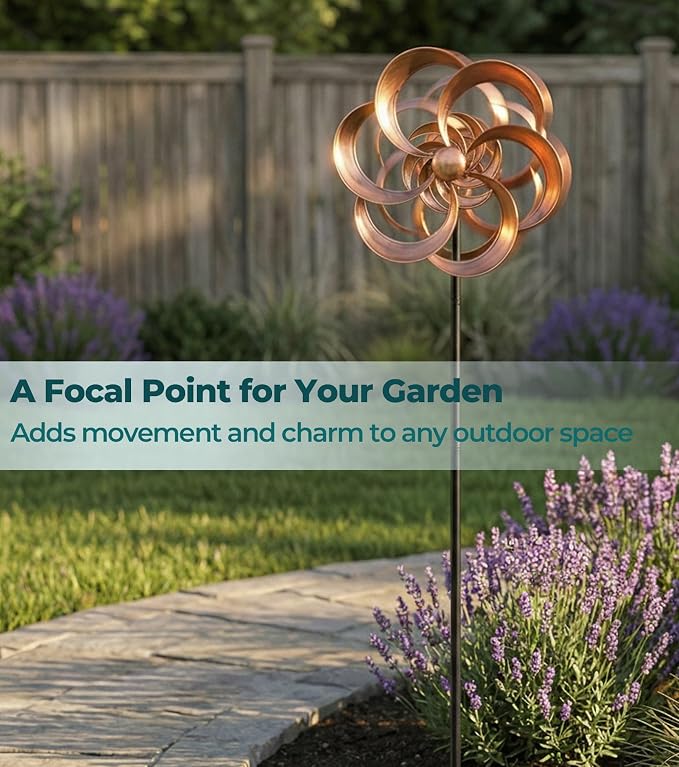 63" Metal Wind Spinner Outdoor, Double-Sided Kinetic Yard Spinner, Smooth Spinning Garden Decor, Stable 5-Prong Stake, Copper Yard Art for Lawn & Patio