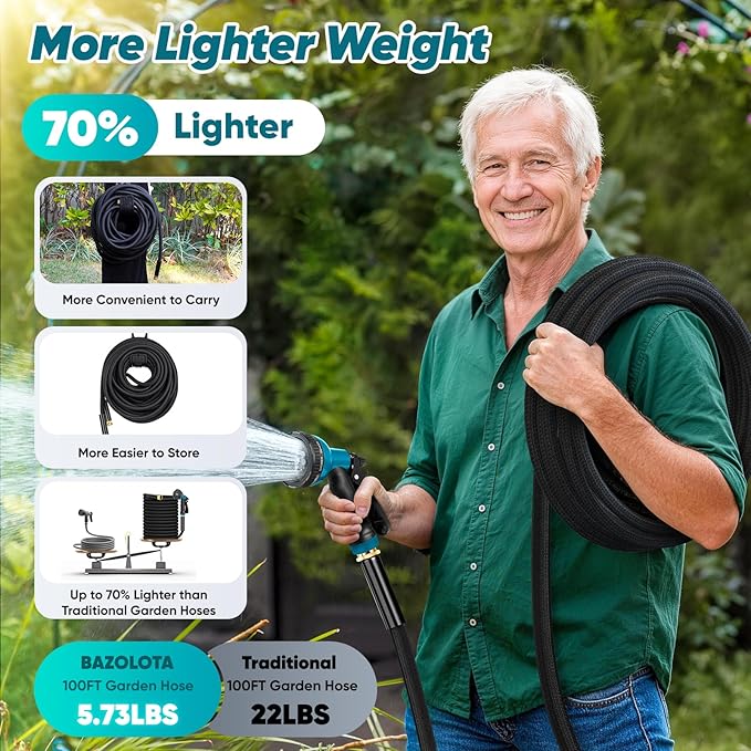 Garden Hose 100FT Non-Expanding, Lightweight Hose With 10-Function Nozzle, Leak-Proof No-Knot, Easy to Carry, Wear-Resistant, Sturdy 3/4GHT Flexible Water Hose for Outdoor (Black with Nozzle)