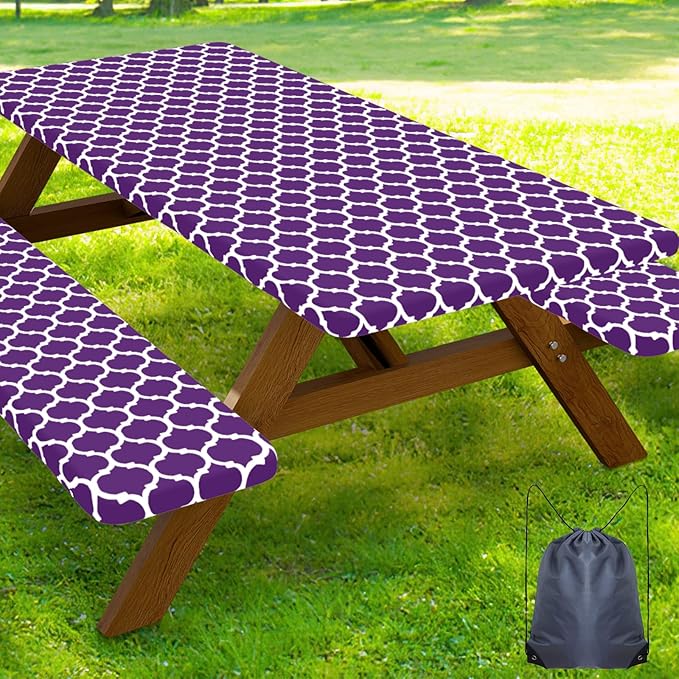 Smiry Picnic Table Cover with Bench Covers, Waterproof Elastic Fitted Tablecloth for 6 Foot Tables, Washable Polyester Tablecloths for Camping, Indoor & Outdoor (Purple, 30x72 Inch 3-pc Set)