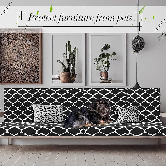 Newwiee 4 Pcs Waterproof Outdoor Cushion Covers for Patio Furniture Stretch Outdoor Couch Cushion Covers Replacement Moroccan Pattern Chair Seat Sofa Slipcovers Soft Flexibility Protector(Black)