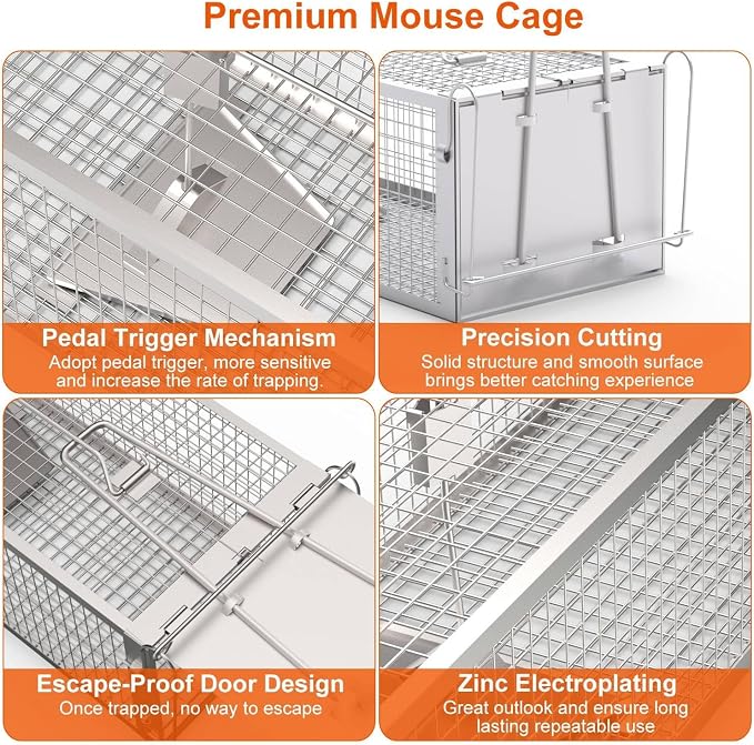 TeqHome 2-Door Humane Rat Cage Trap, Metal Live Animal Trap Cage, Small Humane Catch Release Rodent Cages, Upgraded Indoor & Outdoor Live Traps for Squirrels, Mouse, Rats, Mice - 16.6x6.1x4.33 Inches