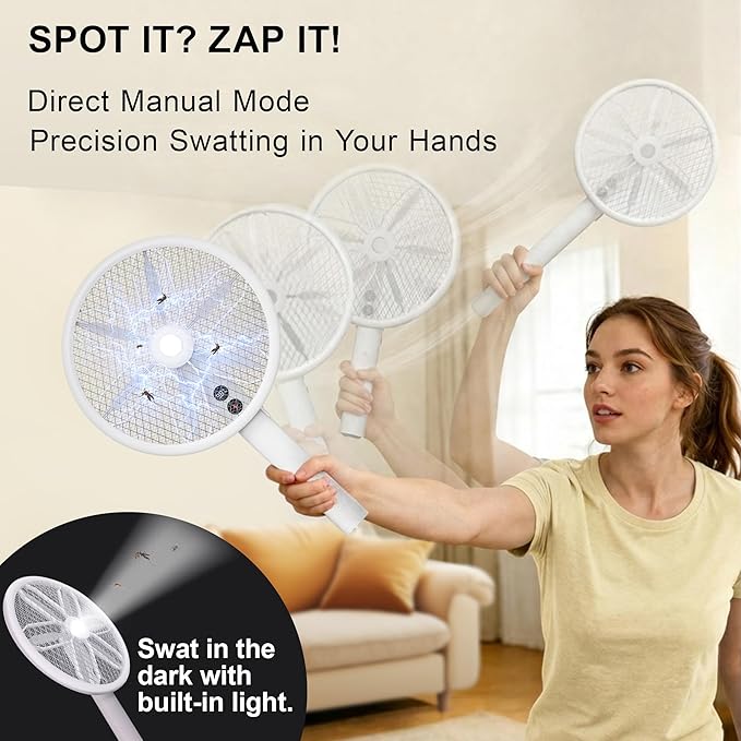 Rotating Head Electric Fly Swatter for Indoors with 16–40" Telescopic Handle, 4000V 2-in-1 UV USB Rechargeable Bug Zapper Indoor Outdoor, Fly Mosquito Zapper Killer Catcher Trap for Ceilings and Walls