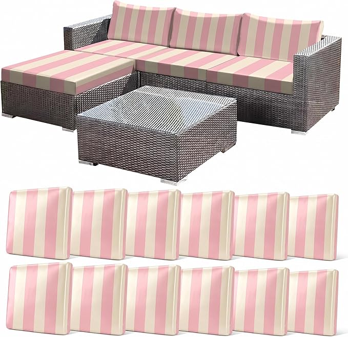 CALBODE 12 Pcs Stretch Outdoor Seat Cushion Covers, Washable Striped Chair Seat Cover for Patio Furniture Cushions Soft Indoor and Outdoor Couch Cover Replacement (Pink&Beige, Cover Only)