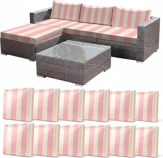 CALBODE 12 Pcs Stretch Outdoor Seat Cushion Covers, Washable Striped Chair Seat Cover for Patio Furniture Cushions Soft Indoor and Outdoor Couch Cover Replacement (Pink&Beige, Cover Only)