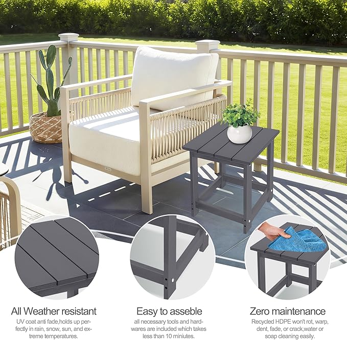 LZRS Square Patio Side Table, Heavy Duty HDPE Outdoor End Table with Wood Texture, Weatherproof Composite Table for Adirondack Chairs, Deck, Pool, Indoor/Outdoor, No Peeling or Cracking(Grey)