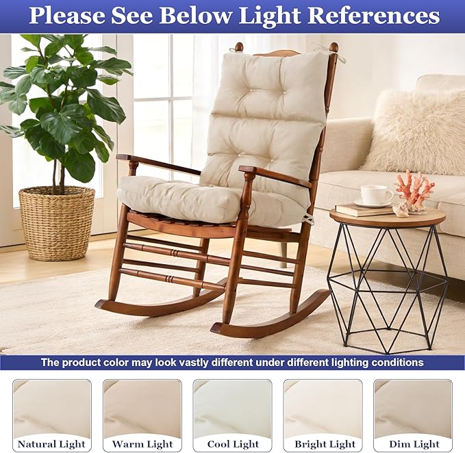 Rocking Chair Cushion, Waterproof and Fade-Resistant Adirondack Rocker Cushions, Indoor/Outdoor Rocking Chair Pads, High Back Memory Foam Patio Furniture Cushions with Ties, 44x23x4 Inch, Beige