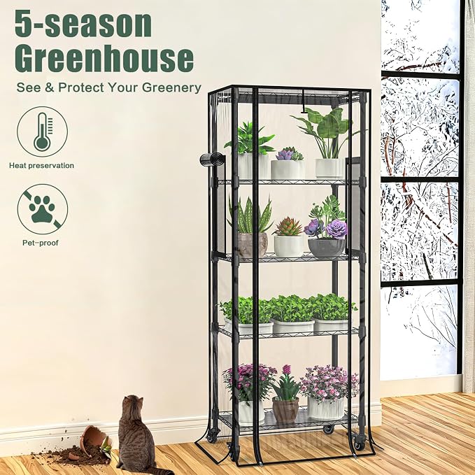 5-Tier Greenhouse for Indoor , 23.2" L×13.4" W×61.4" H | Portable Greenhouse with Wheels，Clear PVC Cover and Metal Shelf，for Growing Flowers and Seedlings