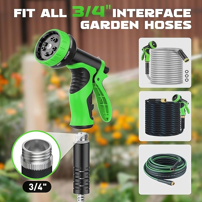 Garden Hose Nozzle with 10 Spray Patterns – High Pressure Water Sprayer for Car Washing, Pet Bathing & Lawn Care with Lock Feature & Comfort Grip – Fits All 3/4" Standard Hoses Thread
