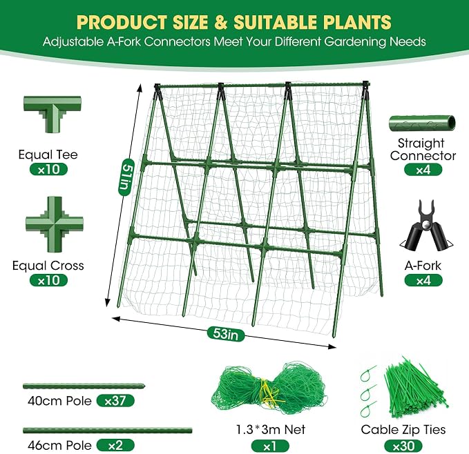 51" x 53" Cucumber Trellis for Raised Bed, A-Frame Garden Trellis for Climbing Plants Outdoor, Rust-Proof Metal Support for Tomato, Peas, Beans, Zucchini & Vines, with Netting & Clips
