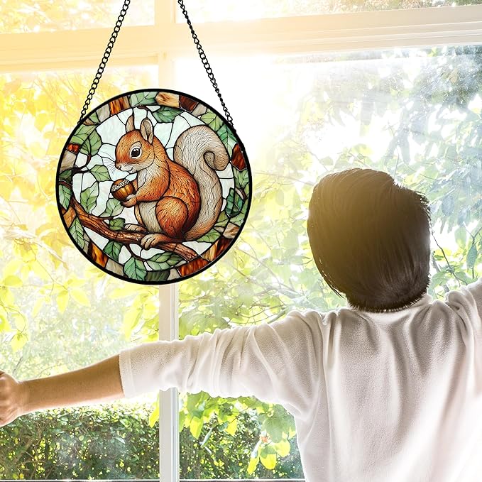 DASTOLL Stained Glass Window Hanging, Squirrel on a Branch Suncatcher Diamond Glass Panel Animal Sun Catchers Decor for Birthday for Women, Men, Wife, Aunt, and Mom 6.3 in