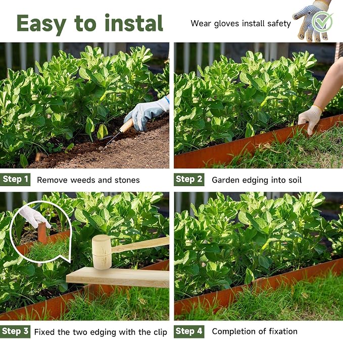 Corten Steel Landscape Edging-4.5" H X 40" L Metal Garden Edging-33FT-Landscape Lawn Edging 10 Pcs-No-Dig Hammer Heavy Duty Steel Edging-Bendable Border Strips for Lawn Yard GJWCVL-10 Clips