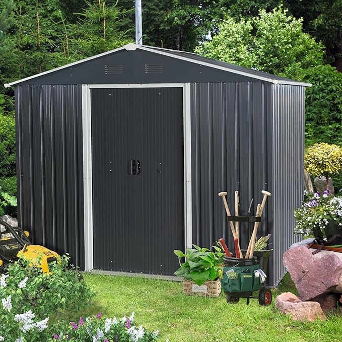 KEIKI 8x6 FT Outdoor Metal Storage Shed with Peaked Roof,Vents and Lockable Door for Garden Yard