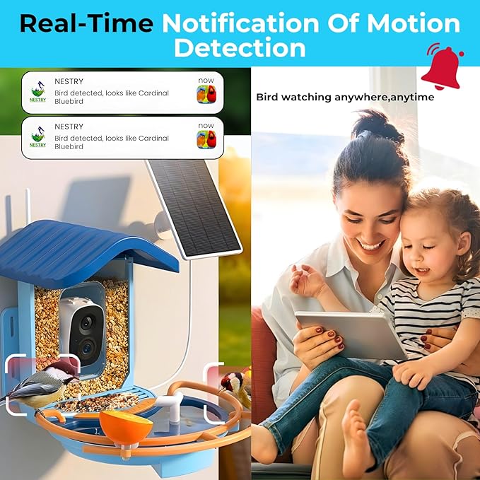 Bird Feeder with Camera, 2K HD Smart Outdoor Bird Feeder, Solar Powered 5200mAh Battery, AI Bird Identification (10,000+ Species), Motion Detection Alerts, Night Vision, Bathing Area, OKAM Pro App