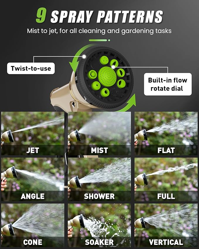 RAINPOINT Garden Hose Nozzle, 9 Spray Patterns Hose Sprayer Nozzle, Heavy Duty Metal Water Hose Nozzle, Adjustable Hand Sprayer, Watering Plants and Lawn, Pet Showering, Green