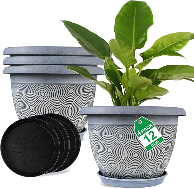 Fodetyff 12 Inch Large Planter Pot for Plants Indoor Outdoor, 4 Pack Plastic Flower Pots with Drainage Hole & Tray, Modern Decorative Garden Pot with Saucer, Plant Container for House