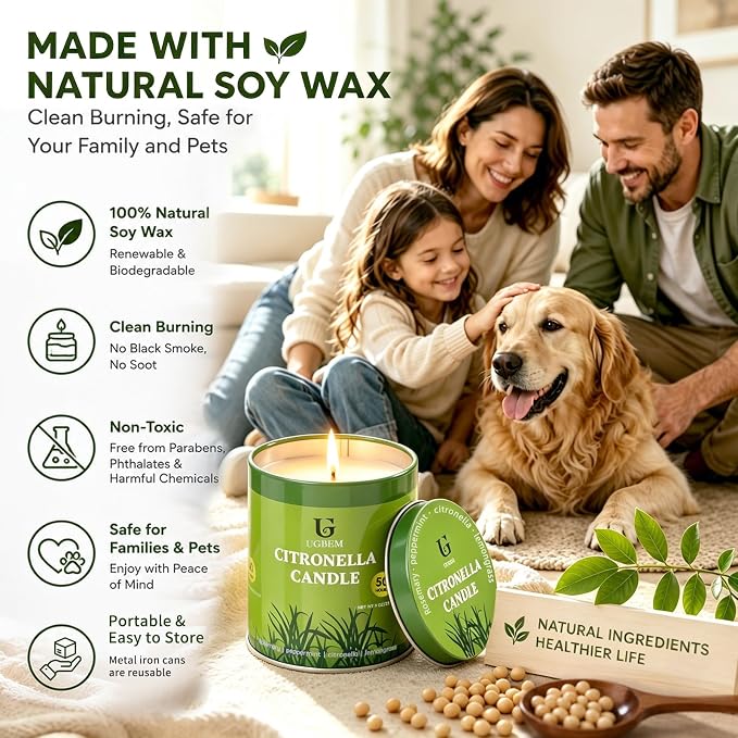 Citronella Candles Outdoor, Natural Soy Wax Outdoor Candles for Patio Backyard Garden Camping, Citronella Essential Oil Blend with Rosemary Peppermint & Lemongrass, 50 Hour Burn Time, 2 Pack 9oz