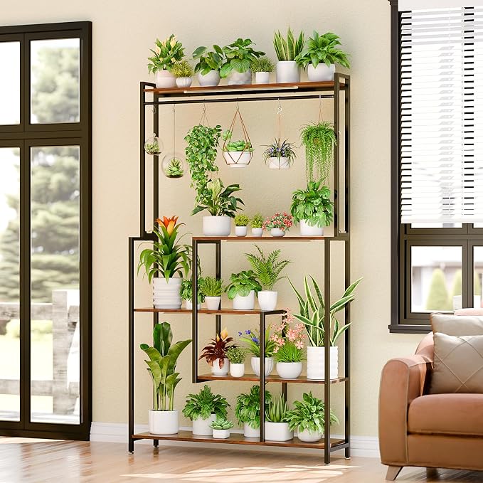 MJOMKN Large Plant Stand Indoor with Grow Light , 72" Tall Metal Plant Shelf, 5 Tiers 12 Pots Holder, Heavy-Duty Rectangle Display Rack for Living Room, Patio, Corner