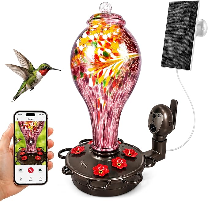 LUJII Smart Hummingbird Feeder with Camera, Hand Blown Glass for Outdoor Hanging, Solar WiFi Feeder with Live View App, 6 Feeding Ports, Leak-Resistant Design, Ant Moat & Gift Box, 36 fl oz, Purple