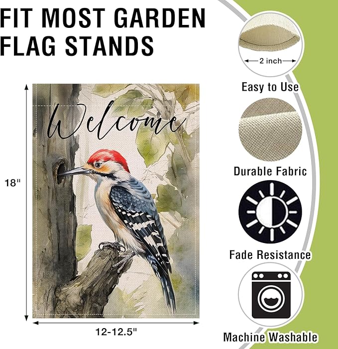 Artofy Welcome Woodpecker Small Decorative Garden Flag, Spring Summer Watercolor Bird Tree Yard Lawn Outside Decor, Seasonal Burlap Outdoor Home Decoration Double Sided 12 x 18