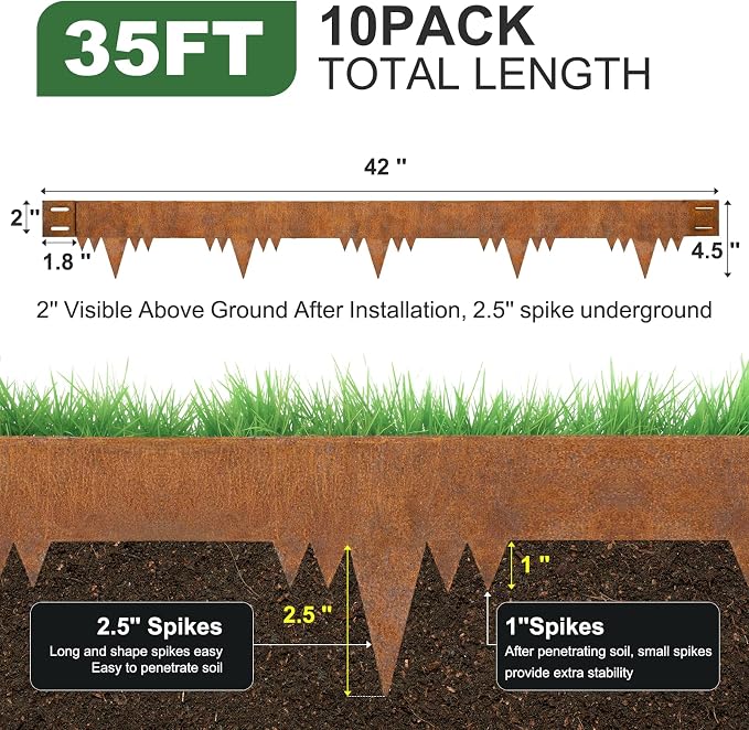 Metal Landscape Edging Border 10 Packs 42'' L x 4.5'' H, Pre-Rusted Steel Garden Edging Border with 10 Stakes, Hammer-in Lawn Edging for Landscaping, Flower Bed, Yard, Pathway, Tree Ring (35ft Total)