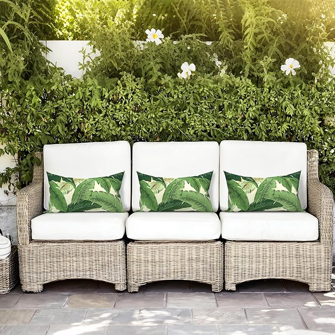 LVTXIII Set of 2 Patio Lumbar Pillows, 12”x20” Fade Resistant Outdoor Lumbar Pillow with Inners, Fluffy Decorative Garden Lumbar Cushions for Home Patio Coach Sofa Use, Swaying Palms Green