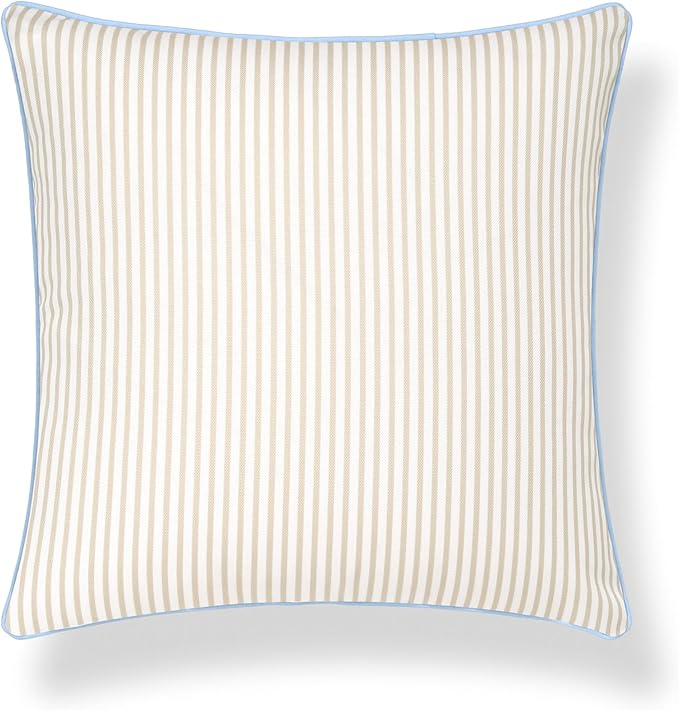 Hofdeco Premium Coastal Hampton Patio Indoor Outdoor Throw Pillow Cover Only, 20"x20" Water Repellent for Backyard, Couch, Poolside, Neutral Tan Blue Print Stripes