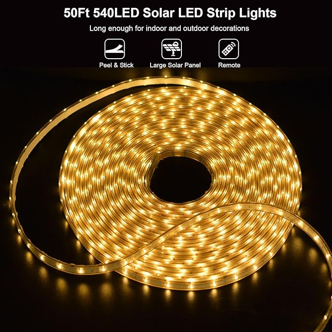 50Ft Solar LED Strip Lights Outdoor, 540 LED Long Strip Lights IP68 Fully Waterproof Acrylic Tape with Remote Self-adhesive, Cuttable Auto ON/OFF Rope Lights for Patio Pool Camping Decor (Warm White)