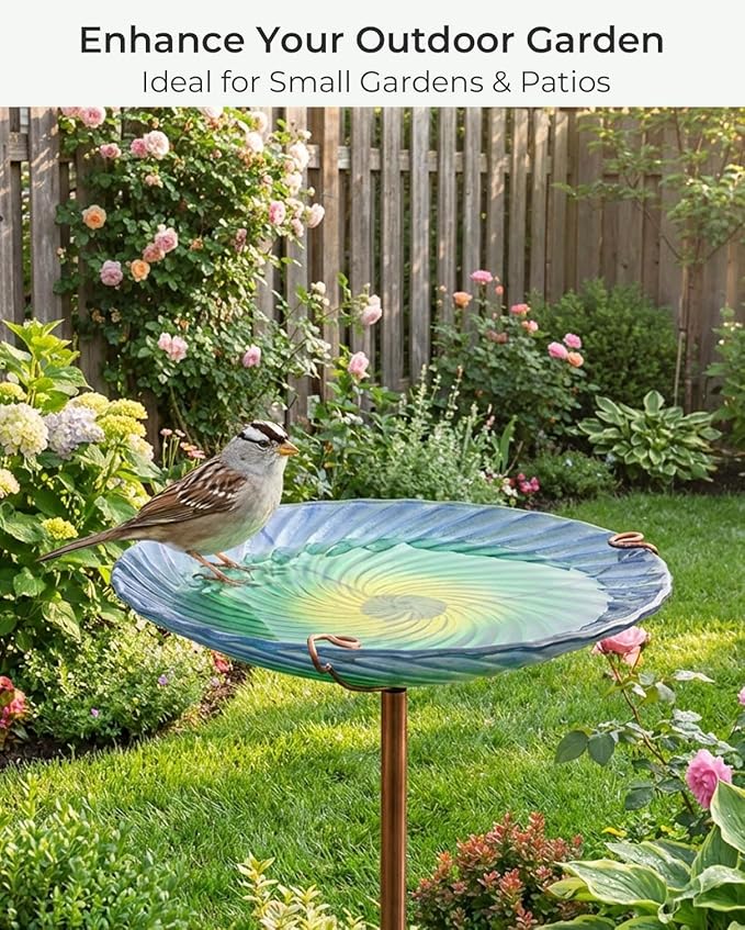 10.5" D Glass Bird Bath with Stake – Shallow Bird Bath for Outside Garden Backyard – Decorative Birdbath & Feeder for Patio Lawn – Hand-Painted Glass Water Dish, Blue
