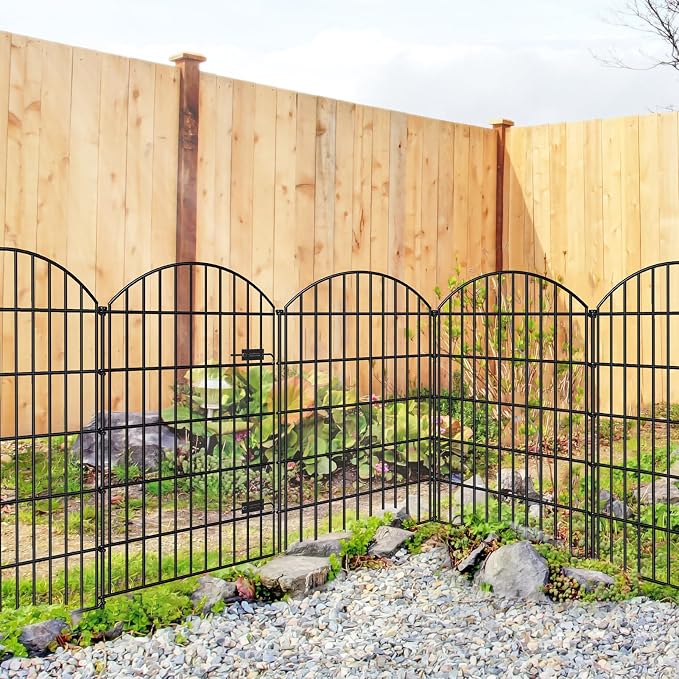 FOREHOGAR Metal Garden Fence with Gate 42in (H) x 23.3ft (L), 1 Gate+ 9 Panels Dog Fence Border Fence Animal Barrier, No Dig Garden Fencing for Yard Flower Bed Lawn Patio Outdoor, ECG4210, Black