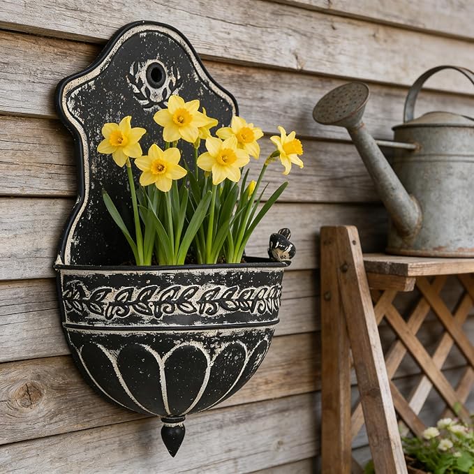 Vintage Distressed Black Metal Wall Planter, Rustic Hanging Pocket Planter with Scrollwork & Scalloped Design, Farmhouse Wall Decor for Indoor & Covered Outdoor Garden, Porch & Entryway