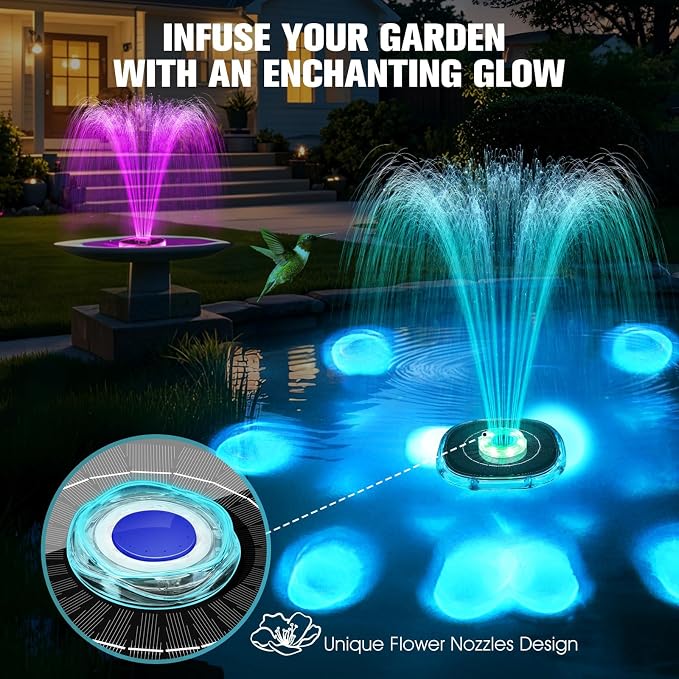 Solar Fountains with Lights, 2026 Upgrade Solar Bird Bath Fountain Pump, Floating Solar Water Fountain Outdoor, 4000mAh Battery Solar Birdbath Fountains for Pool,Pond,Garden-Blue