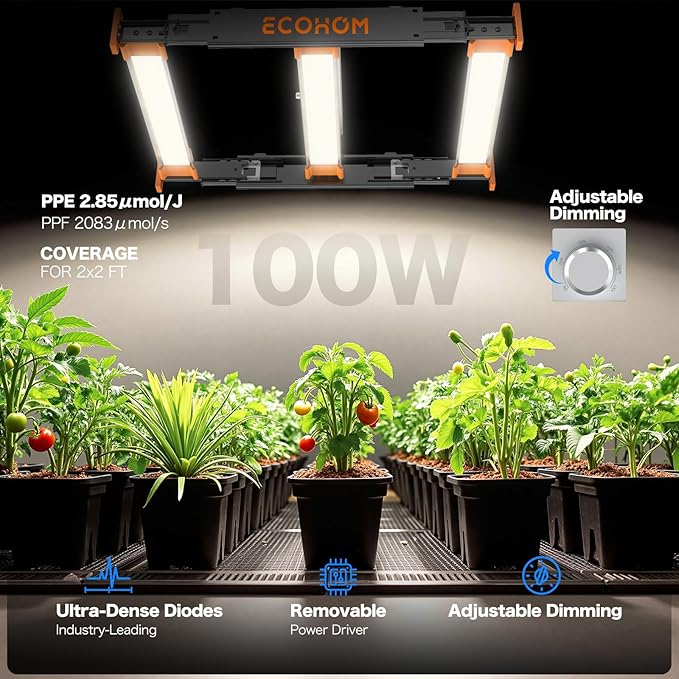 ECOHOM Bar 100W LED Grow Light, Full Spectrum, Dimmable, Daisy Chain, High PPFD, 2x2/3x3ft Coverage, for Indoor Plants Seed Starting, Vegs and Bloom, Retractable, Pro Lamp for Grow Tent Commercial Use