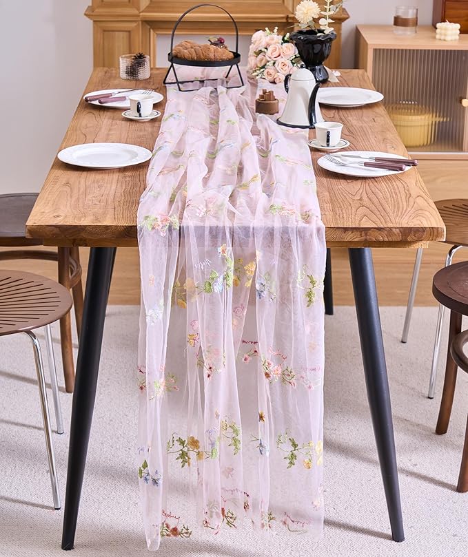 vctops 2 Packs Embroidery Lace Spring Table Runner 10ft Floral Garden Seasonal Tulle Table Runner Holiday Kitchen Dining Table Decoration for Wedding Party Baby Shower Birthday (Pink,30"x120")