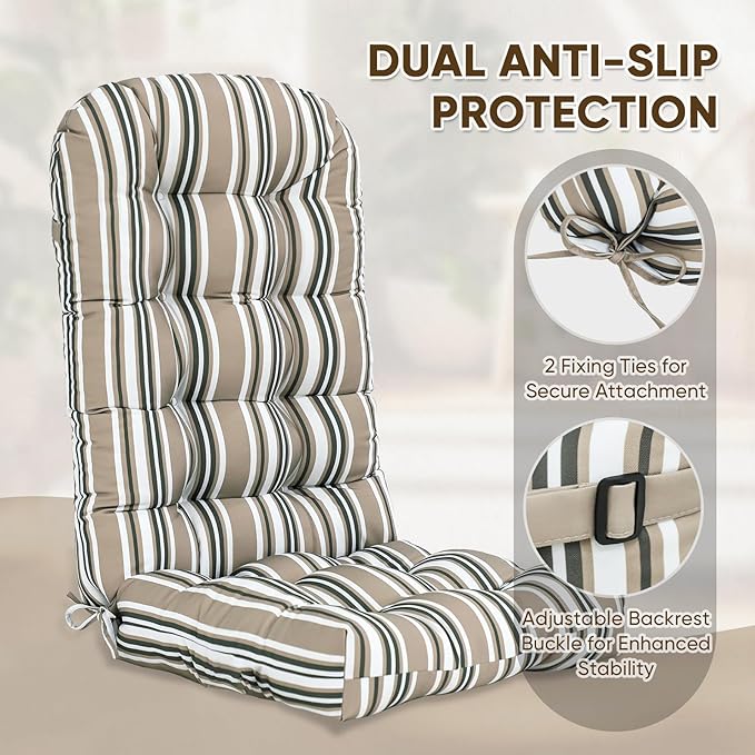 COOS BAY High Back Adirondack Chair Cushions for Outdoor Furniture, 49x20x5 in Water-Resistant Thick Tufted Patio Chair Cushions with Secure Straps, Set of 2, Beige Stripes
