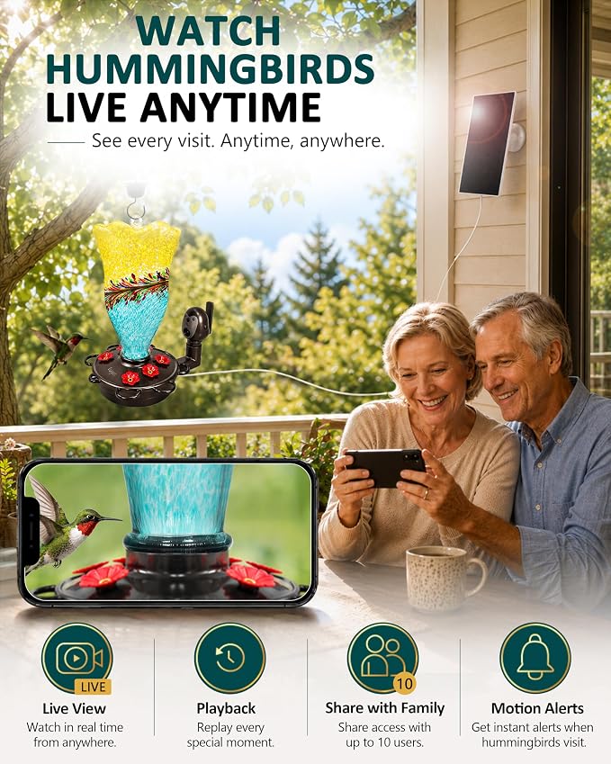 LUJII Smart Hummingbird Feeder with Camera for Outdoor Hanging, Hand Blown Glass, Solar WiFi Feeder with Live View App, 6 Feeding Ports, Leak-Resistant Design, Ant Moat & Gift Box, 32 fl oz, Yellow