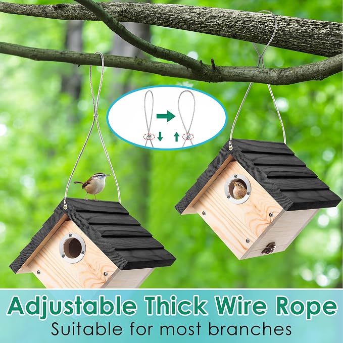Dreyoo 8 Pack Wren House, 1-1/8'' Entrance Hole Hanging Wooden Wren Bird Houses for Outside with Metal Guard, Air Vents, Pine Wood for Chickadees (Black,Wood Color)