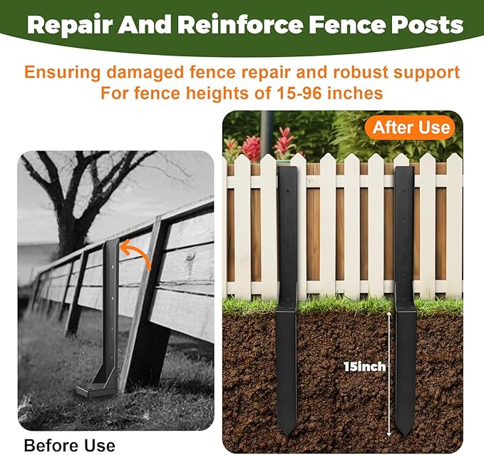 Fence Post Repair Kit, Thickened Heavy Duty Fence Post Anchor Stakes for Repair Tilted, Broken Wood Posts Support (Black, 2 Pack)