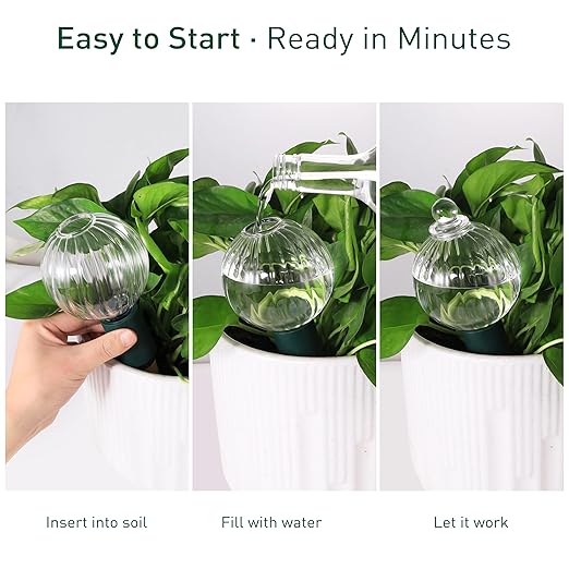 Soilagua 12 oz Plant Watering Globes Top Fill, Clear Glass Water Bulbs with Terracotta Spikes Stake, Vacation Slow Release Self Watering Planter Insert, Automatic Drip Device, 4 Pack