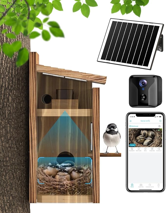 Bird House with Camera Solar Powered,2K HD Wi-Fi Bird Watching, Auto Detect&Notify, Night Vision, APP Control, Birdhouse for Small Birds Nesting, Wooden Birdhouse with Cam Inside (Solar-Powered)