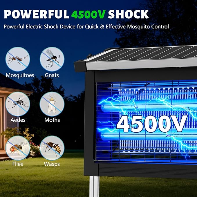 Solar Bug Zapper Outdoor 4500V, 2-in-1 Rechargeable Mosquito Zapper with Projection Light, IP66 Waterproof Cordless Electric Fly Zapper Indoor with Type-C Charging for Patio, Yard & Camping