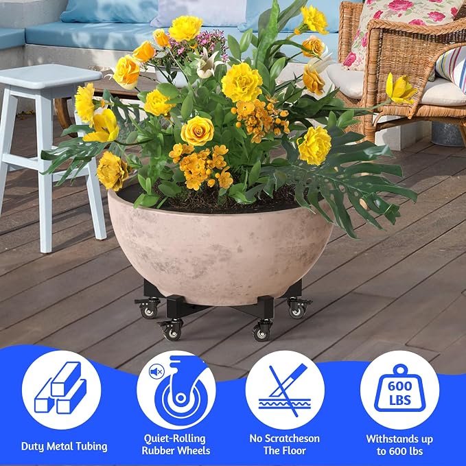 Plant Caddy With Wheels, Adjustable 13in to 20inch Metal Plant Stand | Metal Heavy Duty Rolling Plant Dolly With 5 Wheels (3 Lockable) For Indoor Outdoor Large Pots Planter, Holds Up to 600 Lbs