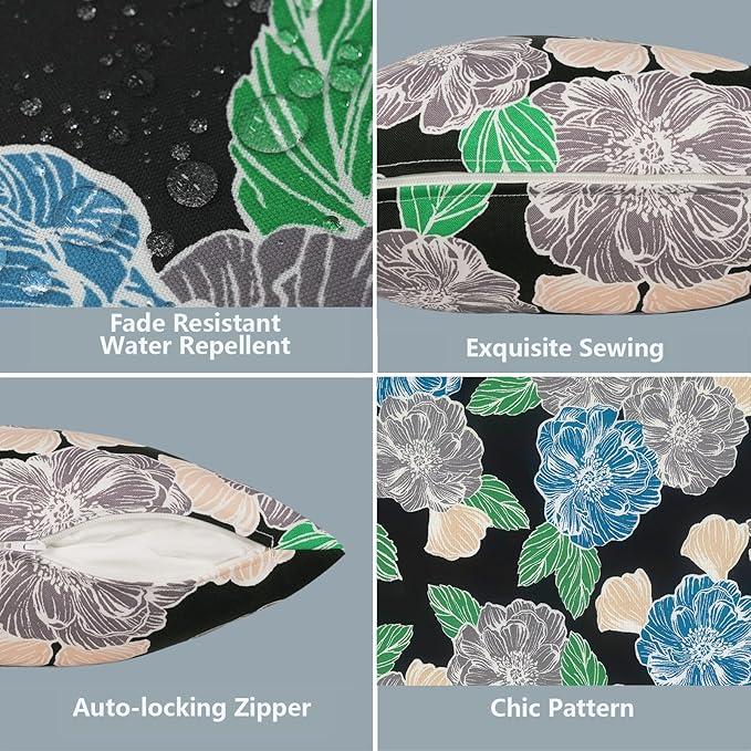 LVTXIII 2 Pack Outdoor Pillow Covers ONLY 18x18 Inch, Water-Repellent Square Decorative Cushion Covers for Patio Furniture, Garden, Sofa, Sketch Peony