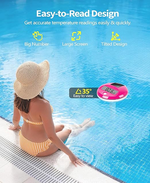 Sinbyuer 2026 Solar Digital Pool Thermometer with Rope | Easy Read Large LCD Display & Big Numbers Floating Pool Thermometer | High Precision & IP68 Waterproof Pools Temperature Gauge for Hot Tub-Pink