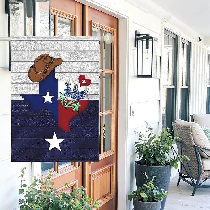 Texas Bluebonnet Garden Flag Cowboy Hat Texas State Yard Flag Americana Western House Banner Polyester Double Sided for Outdoor Wall Yard Patio Window Porch Welcome Banners Gift 28 x 40 Inch